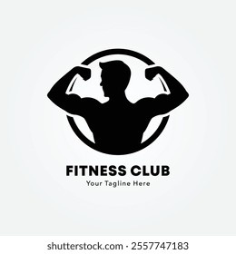 Bodybuilder logo or badge vector illustration. Bodybuilder symbol silhouette. Retro typography fitness emblem design template or t-shirt print.