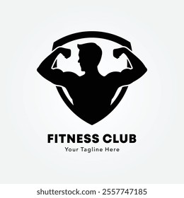 Bodybuilder logo or badge vector illustration. Bodybuilder symbol silhouette. Retro typography fitness emblem design template or t-shirt print.