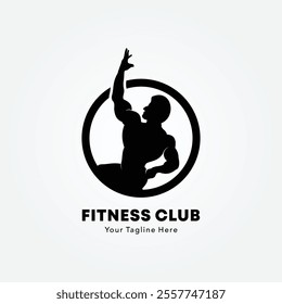 Bodybuilder logo or badge vector illustration. Bodybuilder symbol silhouette. Retro typography fitness emblem design template or t-shirt print.