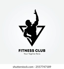 Bodybuilder logo or badge vector illustration. Bodybuilder symbol silhouette. Retro typography fitness emblem design template or t-shirt print.