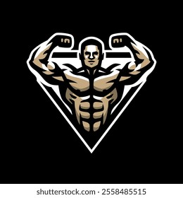 Bodybuilder logo. Double biceps on a dark background.