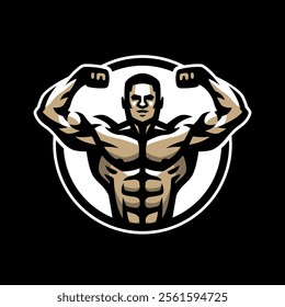 Bodybuilder logo. Double biceps on a dark background.