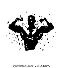 Bodybuilder logo gym, abstract isolated vector silhouette. Man with big muscles posing