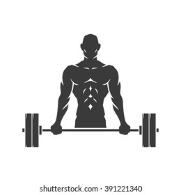 Bodybuilder Logo Template. Vector object and Icons for Sport Label, Gym Badge, Fitness Logo Design, Emblem Graphics.Sport Symbol, Exercise Logo, Man Holding Barbell Silhouette.