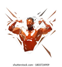 Bodybuilder low polygonal logo gym, abstract geometric isolated vector illustration from triangles. Man posing with big muscles