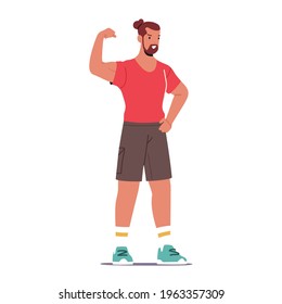 Bodybuilder Male Character Posing Demonstrate Muscles and Sportive Perfect Athletic Body, Perform Strength, Make Presentation or Performing on Scene Competition. Cartoon People Vector Illustration
