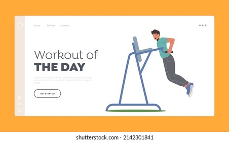Bodybuilder Male Character Workout Landing Page Template. Man Pumping Muscles. Sportsman Work on Training Apparatus for Strong Arms. Sport Exercises with Weight. Cartoon People Vector Illustration