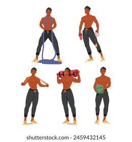 Bodybuilder Male Gripping Resistance Band, Weighted Bag, Medicine Ball and Heavy Battle or Jump Rope In Empowered Poses. Character Enhance Muscle Definition And Overall Physique. Vector Illustration