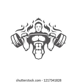 Bodybuilder male lifting a heavy barbell silhouette isolated on white background vector illustration. Vector fitness gym graphics illustration.