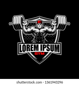 bodybuilder man character with barbell weightlifting vector badge logo template