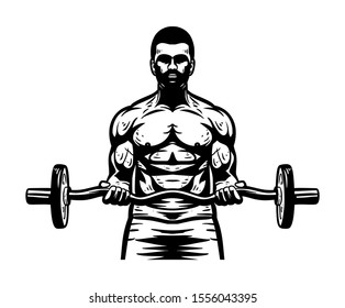 Bodybuilder man character with barbell weightlifting illustration for poster club logo business