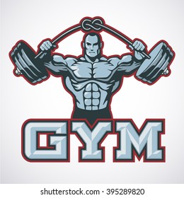 Bodybuilder man lifting heavy barbell with knot, sport club logo design template, label, banner, print or poster. Vector illustration.