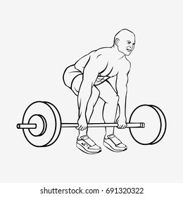 Bodybuilder man lifting heavy barbell. Sport club logo design. Hand drawn vector stock illustration. Black and white whiteboard drawing.