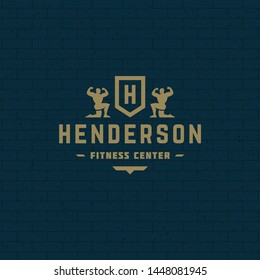 Bodybuilder man logo or badge vector illustration, male bodybuilding with shield symbol silhouette. Retro typography fitness emblem design template or t-shirt print stamp.