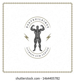 Bodybuilder man logo or badge vector illustration, male bodybuilding symbol silhouette. Retro typography fitness emblem design template or label print stamp.