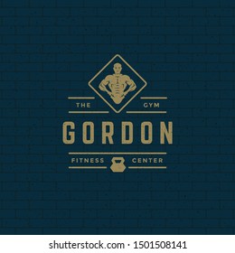 Bodybuilder man logo or badge vector illustration, male bodybuilding symbol silhouette. Retro typography fitness emblem design template or t-shirt print.