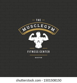 Bodybuilder man logo or badge vector illustration, male bodybuilding symbol silhouette. Retro typography fitness emblem design template or t-shirt print.