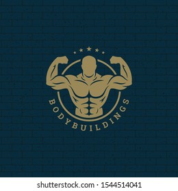 Bodybuilder man logo or badge vector illustration male bodybuilding symbol silhouette. Retro typography fitness emblem design template or t-shirt print.