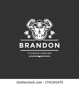 Bodybuilder man logo or badge vector illustration male bodybuilding symbol silhouette. Retro typography fitness emblem design template or t-shirt print.