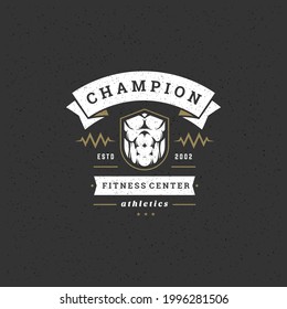 Bodybuilder man logo or badge vector illustration male muscles stomach symbol silhouette. Retro typography fitness emblem design template or t-shirt print.