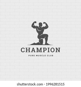 Bodybuilder man logo or badge vector illustration male bodybuilding symbol silhouette. Retro typography fitness emblem design template or t-shirt print.
