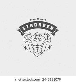 Bodybuilder Mann Logo oder Abzeichen Vektor-Illustration männliche Bodybuilding-Symbol Silhouette. Retro Typografie Fitness Emblem Design Vorlage oder T-Shirt Print.