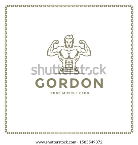Bodybuilder man logo or badge vector illustration male bodybuilding symbol silhouette. Retro typography fitness emblem design template or t-shirt print.