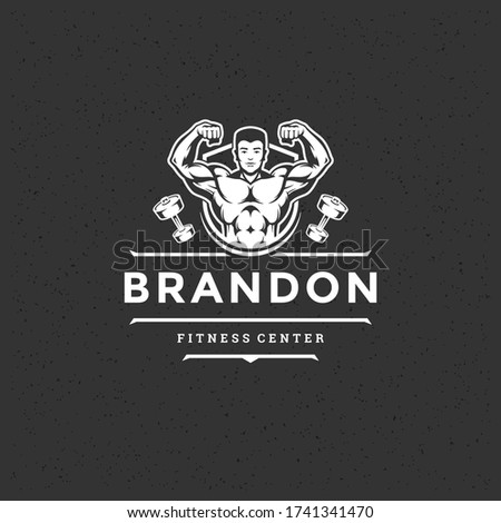 Bodybuilder man logo or badge vector illustration male bodybuilding symbol silhouette. Retro typography fitness emblem design template or t-shirt print.