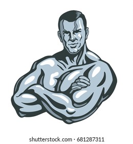 Bodybuilder man posing, crossing his hands. Gym sport club logo design template, print or poster. Vector illustration.