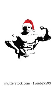 Bodybuilder man in Santa Claus hat, gym illustration for logo and printing
