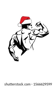 Bodybuilder man in Santa Claus hat, gym illustration for logo and printing
