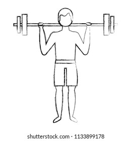 bodybuilder man in short swimsuit lifting barbell