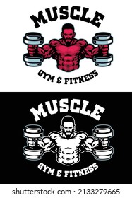 Bodybuilder Mascot Logo with Muscle Man Hold Two Dumbbell.