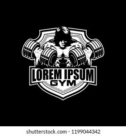 bodybuilder men with dumbell or barbell vector badge logo template