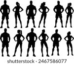Bodybuilder men and woman silhouette set, Body builder flexing and lifting weights, Man and woman standing vector silhouette set, Set of bodybuilders vector silhouettes