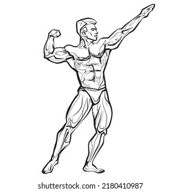 Bodybuilder muscle man fitness posing Black And White Isolated Hand Drawing Vector Illustration Image