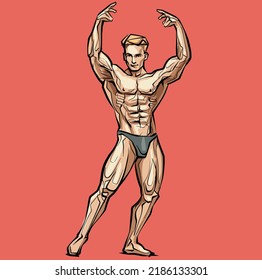 Bodybuilder muscle man fitness posing Colored Isolated Hand Drawing Vector Illustration Image