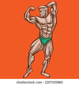 Bodybuilder Muscle Man Fitness Posing Hand Drawing Vector Illustration