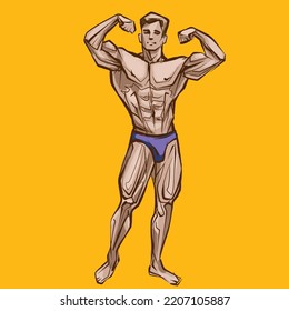 Bodybuilder Muscle Man Fitness Posing Hand Drawing Vector Illustration