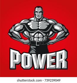 Bodybuilder muscle man posing, sport club logo design template, label, banner, print or poster. Vector illustration.