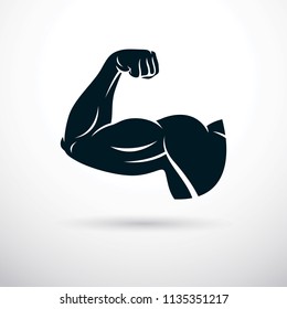 Bodybuilder muscular biceps arm. Weight lifting vector illustration.