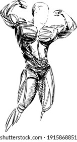 Bodybuilder out vector. Muscular bodybuilder guy standing on gym and posing triceps muscle.