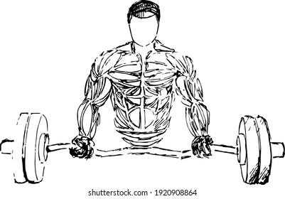 Bodybuilder out vector. Muscular bodybuilder guy standing on gym and posing triceps muscle.