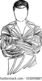 Bodybuilder out vector. Muscular bodybuilder guy standing on gym and posing triceps muscle.