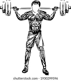Bodybuilder out vector. Muscular bodybuilder guy standing on gym and posing triceps muscle.