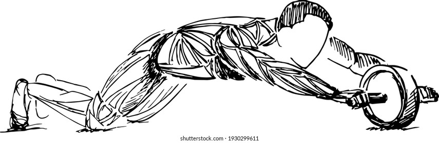 Bodybuilder out vector. Muscular bodybuilder guy standing on gym and posing triceps muscle.