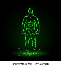 Bodybuilder outline silhouette. Muscular man posing with head up. Vector green neon illustration on black background.