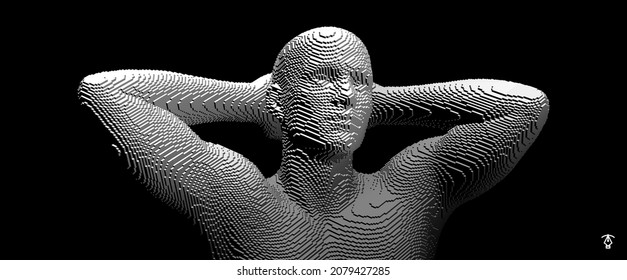 Bodybuilder posing with hands behind head. Satisfied with work done. Voxel art. 3d vector illustration.