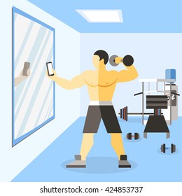 Bodybuilder poster man on training in gym doing selfie with dumbbells for social networks vector illustration