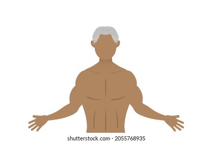 Hombre mayor que culturista con las manos extendidas
